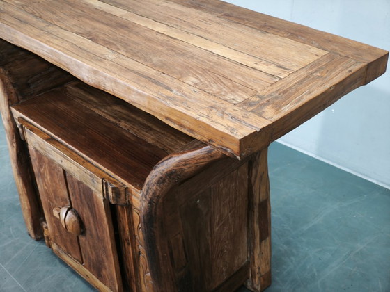 Console en Bois Massif Rustique Asiatique des Années 70, Buffet Primitif Sculpté à la Main, Marron (photo 13 sur 14)
