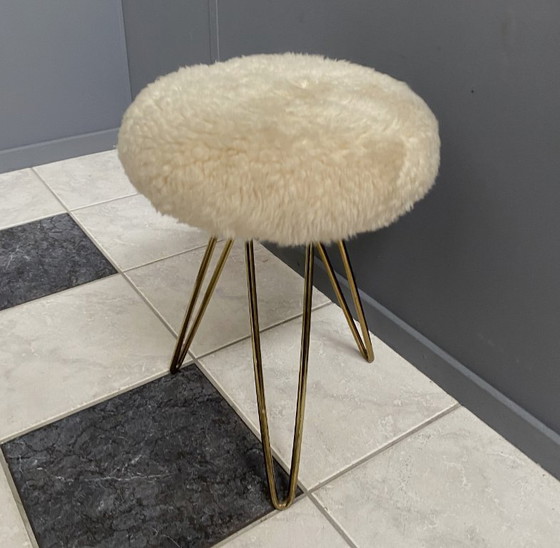 Image 1 of wool top brass small stool 1960s Sheep skin top