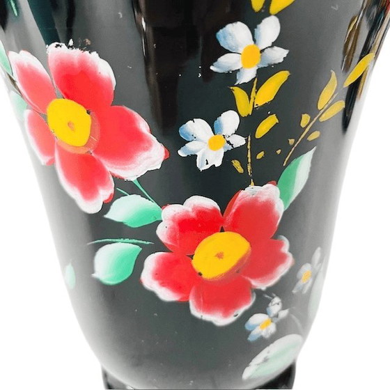 Image 1 of Grand vase en verre hyalithe orné de fleurs noires, années 1950
