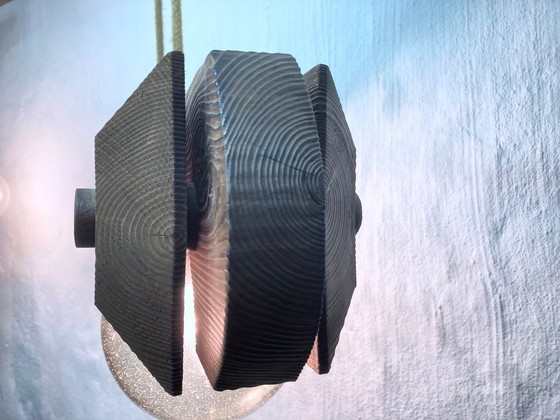 Image 1 of Hanglamp van Temde, gemaakt van hout en glas, met drie lichtpunten, in brutalistische stijl uit de jaren 70.