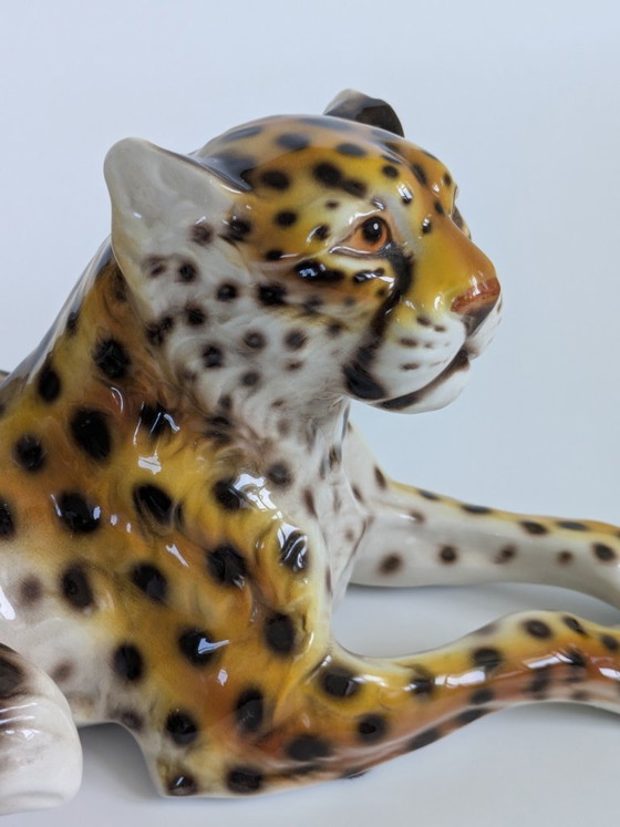 Image 1 of Large Italian Midcentury Porcelain Leopard Pair Sculpture Hollywood Regency Ronzan Style