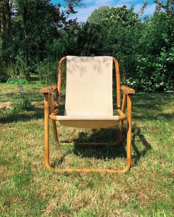 1960s Italian Bamboo Folding Chair, Textile, Brown, Vintage (photo 7 of 10)