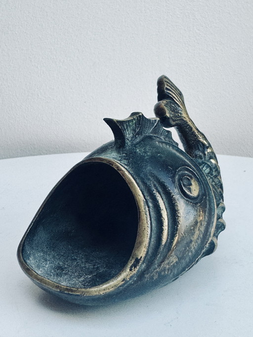 Walter Bosse Vintage Vis Asbak - Gepatineerd Messing Vangschaal - Mid Century Verdigris Decor