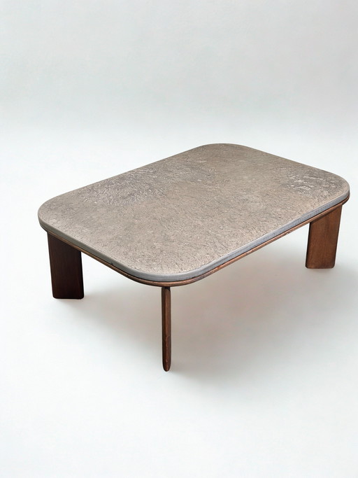 Brutalistische Eiken en Leistenen Salontafel Vintage