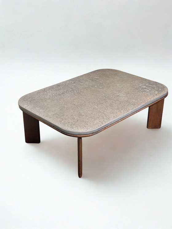 Image 1 of Brutalistische Eiken en Leistenen Salontafel Vintage