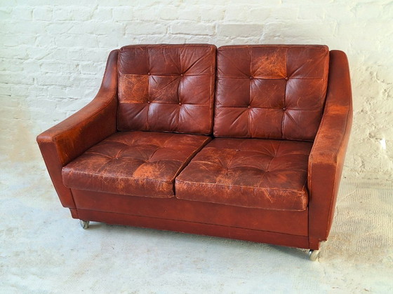 Mid Century Patchwork Tufted Patiniertes Ledersofa, 1960er Jahre – 2 Sitzer Sofas (photo 3 of 6)