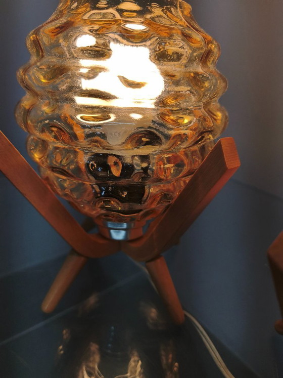Image 1 of Pair Czech 1970s Wood and Yellow Glass Mid Century Table Lamps