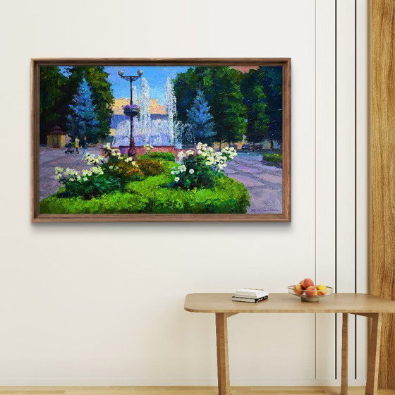 Image 1 of Origineel olieverfschilderij Stadsgezicht Zomer Stadsplein met fonteinen