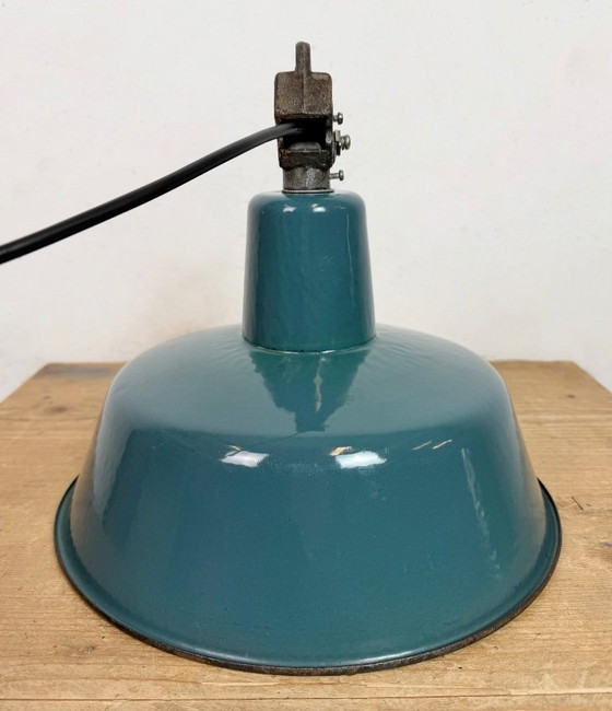 Image 1 of Industrial Petrol Enamel Factory Lamp with Cast Iron Top, 1960s