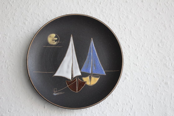 Image 1 of RUSCHA wall plate, sailboats, hand-painted ceramic, mid-century 1950s/60s