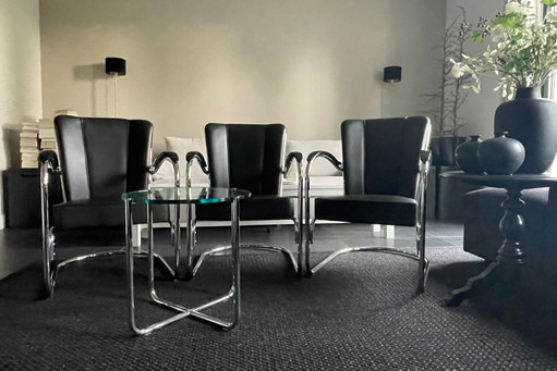 Set Dutch Originals 3x Gispen Stoel 412 Zwart Leer und 1x Gispen GT 413 Bijzettafel Glas – fauteuils, Leather (photo 2 of 11)