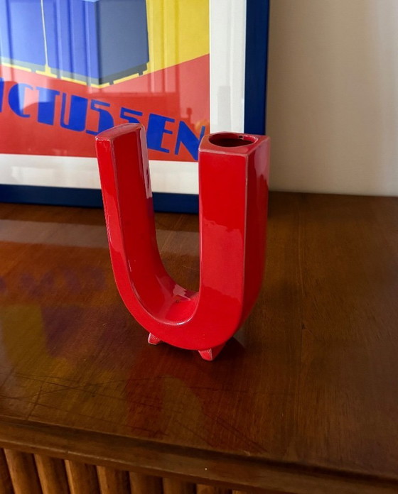 Image 1 of Jarrón solifleur de cerámica en forma de letra U roja de la era espacial, Marcel Radureau ca. 1970