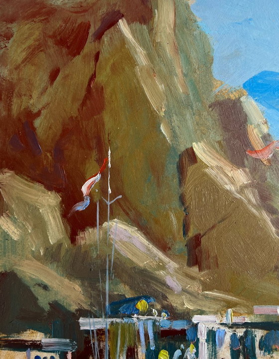 Image 1 of Pintura al óleo original: Paisaje marino y montañoso con barcos en el ferry.