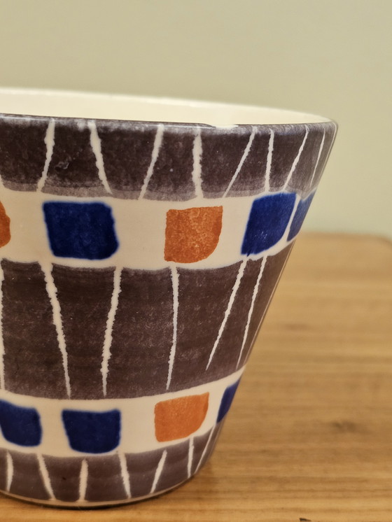 Image 1 of Pot de fleurs vintage à motif géométrique bleu orange