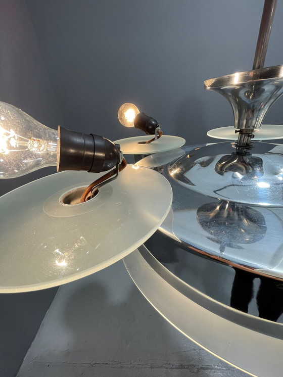 Image 1 of 1930s Art Deco Chrome Chandelier with Frosted Glass Disc Shades – Czech Vintage Lighting
