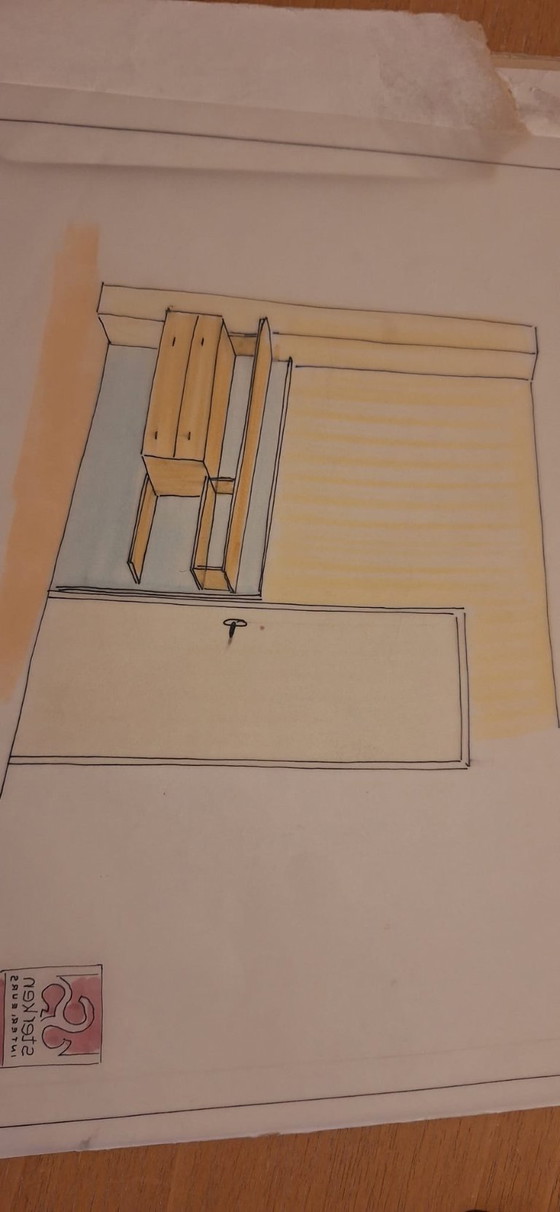 Image 1 of Molteni pensile/cassettiera in ciliegio, schienale blu, del 1998