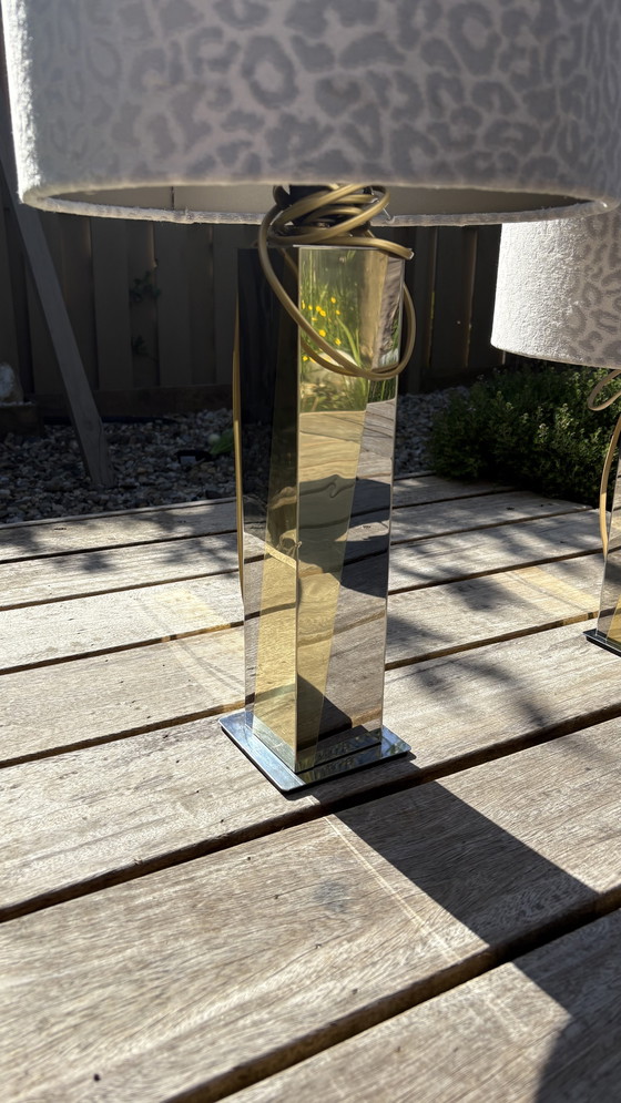 Image 1 of 2 x Paul Evans Skyscraper Style Set Table Lamps with Chrome and Gold Mirrors and Gray Panther Print