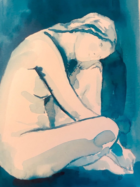 Image 1 of Set of 2 monochrome blue watercolor portraits of a woman, "blueTime"