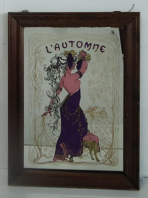 Espejo de bar pintado de estilo vintage, al estilo Mucha.