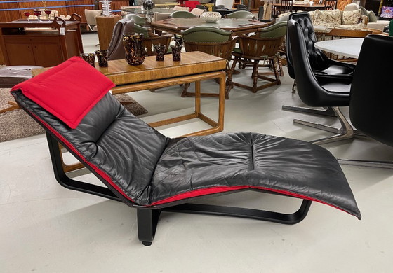 Image 1 of Westnofa Norwegian Black Leather and Red Wool Reversible Scandinavian Modern Chaise Lounge