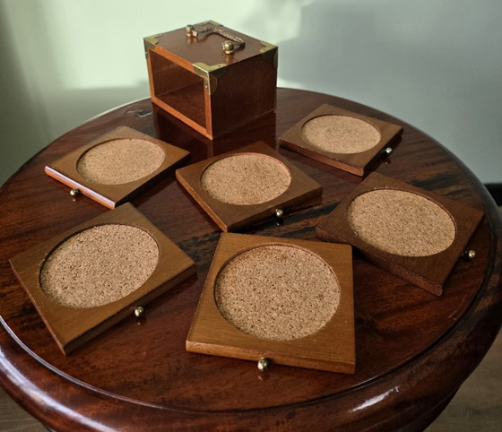 Image 1 of Set of 6 vintage wooden coasters with holder