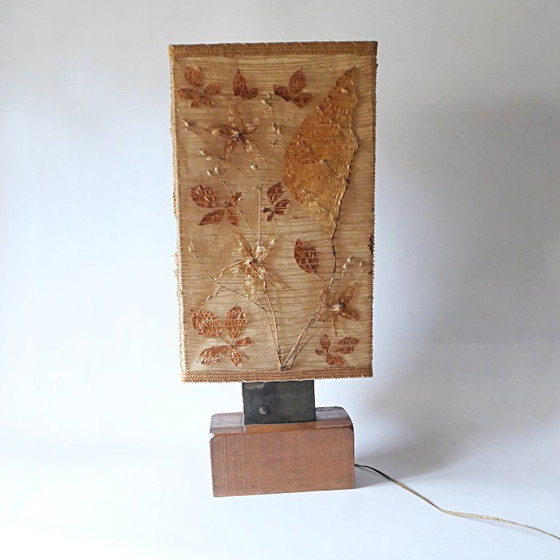 Image 1 of Grande lampe vintage années 70 design 1970 style ACCOLAY bois metal tissu