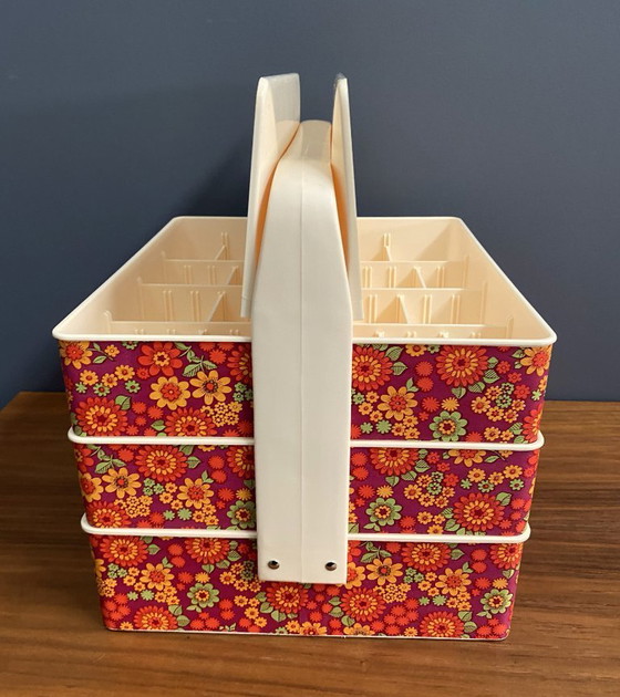 Image 1 of 1970s plastic sewing box with flowerprint in original box