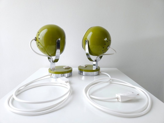 Image 1 of Set of 2 olive green vintage space age eyeball table lamps, metal green and chrome mid-century modern lamp