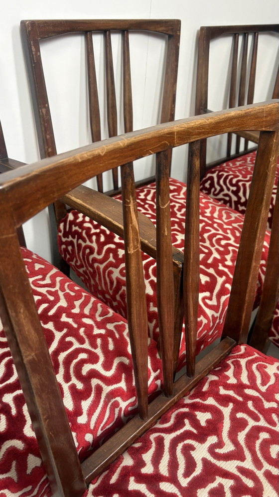 6 sedie da pranzo vintage Gordon Russell in legno con seduta stampata W.H. Curly Coral. – Velvet, Wood (photo 8 of 15)