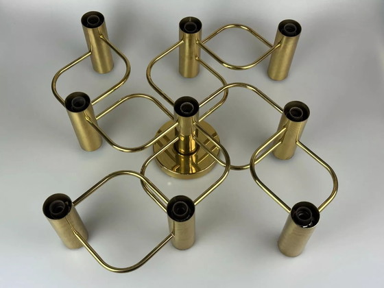 Image 1 of 60s 70s 9-lichts plafondlamp van Leola Leuchten Duitsland in messing