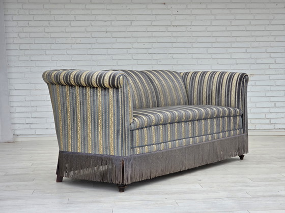 Image 1 of 1960s Danish 3-Seater Sofa, Blue/Beige Furniture Velour, Beech Wood Legs