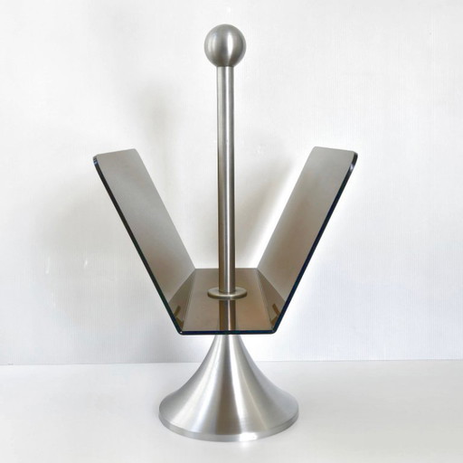 PORTE-REVUES VINTAGE 1970 EN ACIER BROSSE & PLEXIGLAS 70S SPACE AGE POP 1970S