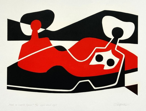 Gijsbert Jan van Koppenhagen - Linograbado vintage 1971 - Década de 1970 - Figura roja en negra