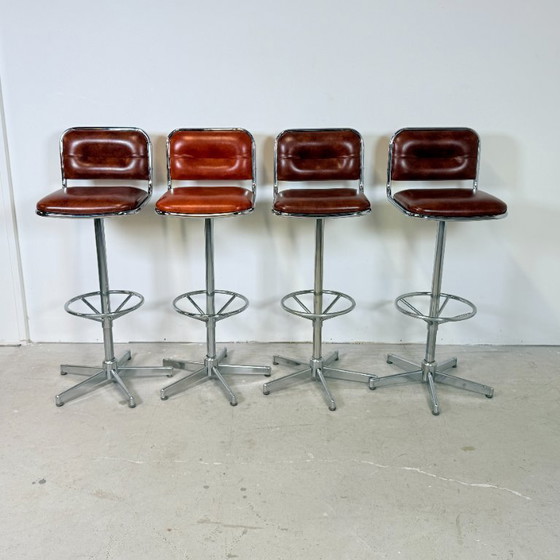 Chrome Bar Stools 1970s Cognac Faux Leather Upholstery – Barstools, Skai (photo 5 of 14)