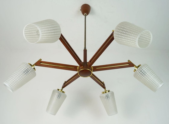 Image 1 of Lámpara de techo Sputnik de 8 luces, mediados de siglo, de teca, latón y vidrio, de la década de 1960