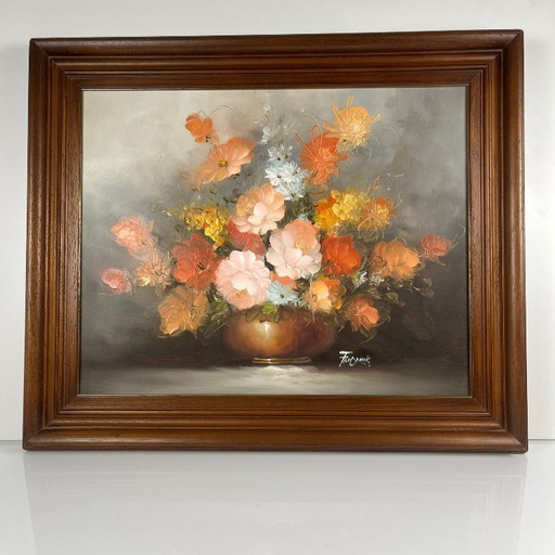 Vintage decorative painting depicting a floral still life, signed Frederik.