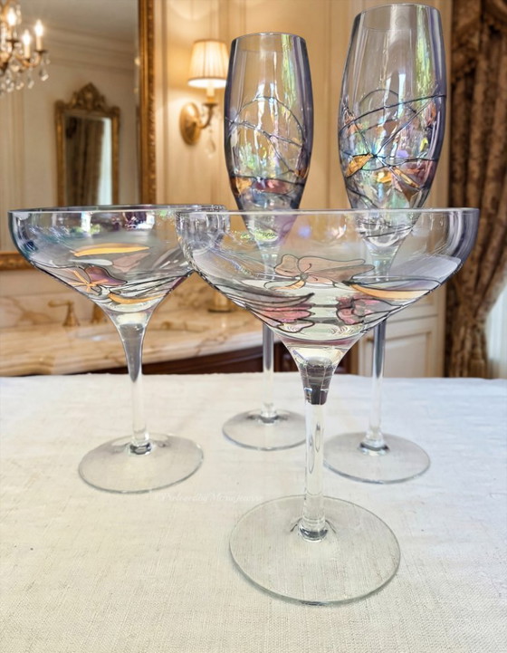 Image 1 of 4 calici da champagne Paul Nagel Germany, soffiati a mano, dipinti a mano e con decorazioni dorate.