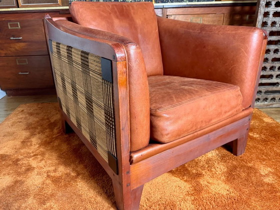 Image 1 of Schuitema Shaker comfortable club armchair in cognac aniline leather with graphic textile panels all around