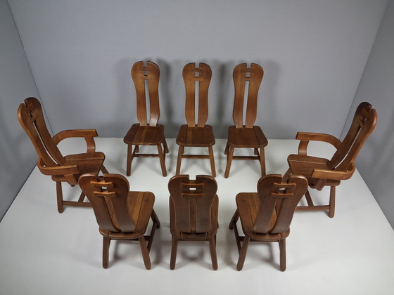 Set van 8 Vintage Brutalistische Stoelen De Puydt, Jaren 60 - 70 – Merk onbekend, Eetkamerstoelen, Wood (photo 10 of 10)