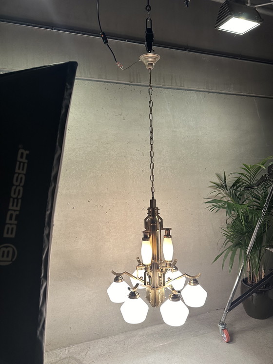 Image 1 of Art Deco chandelier - opaline and brass