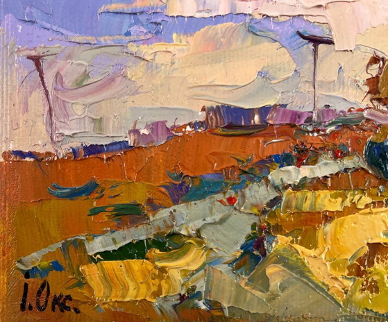 Image 1 of Original Oil Painting Sunset Field Landscape Evening pink clouds