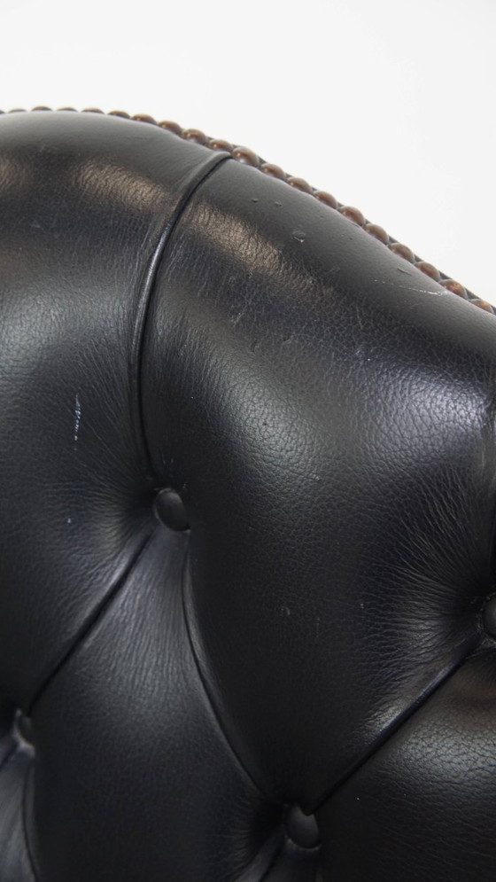 Image 1 of Dark blue/ black cowhide leather chesterfield office chair on wheels