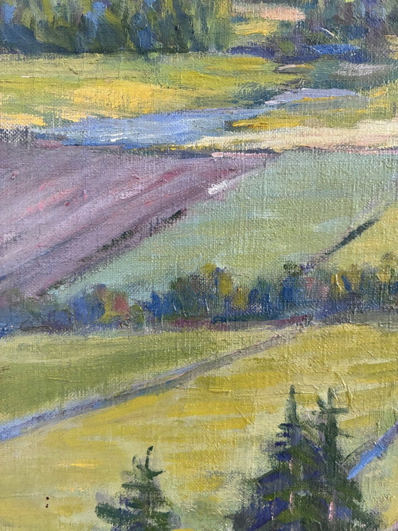 Image 1 of Peinture à l'huile originale vintage représentant un paysage champêtre.