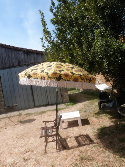 Vintage kantelbare parasol met franjes en zonnebloemmotief - jaren 70/80 - Sauvagnat, gemaakt in Frankrijk