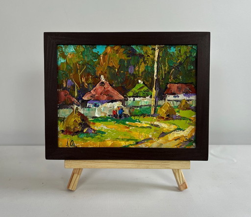 Original Oil Painting: Summer Village Landscape - They Are Sitting on a Bench in the Village