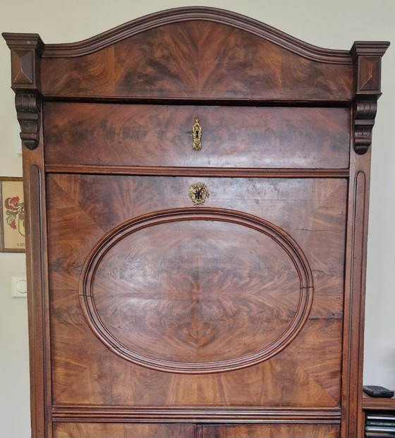 Antique Mahogany Secretaire with Inlay, Cabinets, Wood, Brass, Brown (photo 3 of 5)