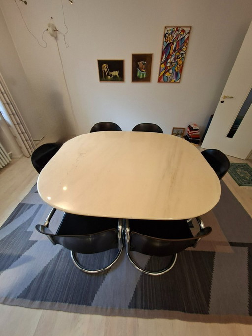Leather and marble dining table by Afra & Tobia Scarpa incl. "Dialogo" chairs