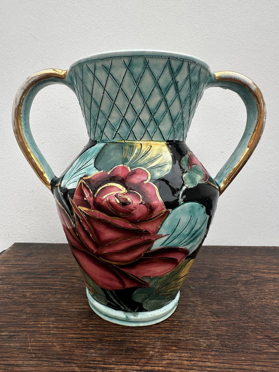 Image 1 of Vaas gesigneerd JTF Vallauris - h 20 cm - Vintage gebeiteld en beschilderd decor