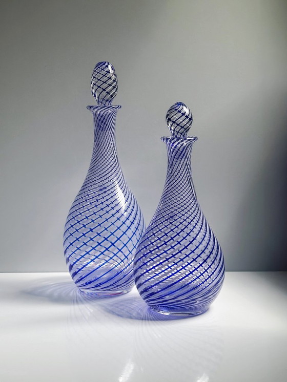 Image 1 of Bottle Set Pasabahce Crystal Glass Decanter Carafe Swirl Thread Glass Vase Cobalt Blue Bülbül Turkish Mid - Century White