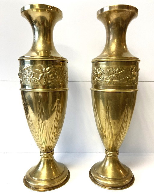 Antique Pair of Art Nouveau Yellow Copper Baluster Soliflore Vases